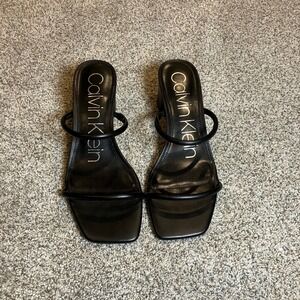 Calvin Klein KCBECCY Black Strappy Block Heel Square Toe Mule Sandals Womens 7M